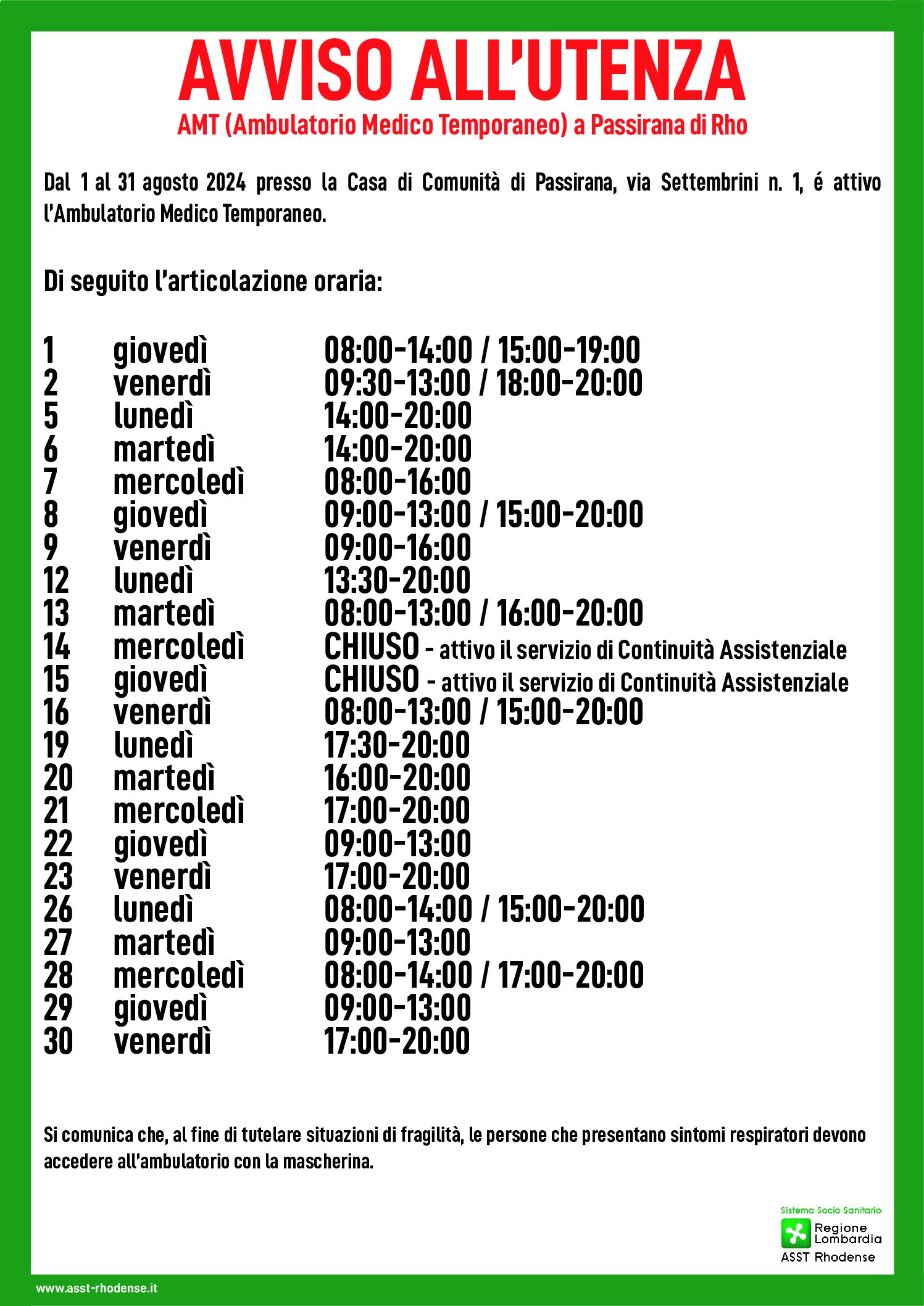 ORARI AGOSTO AMBULATORIO MEDICO TEMPORANEO PASSIRANA