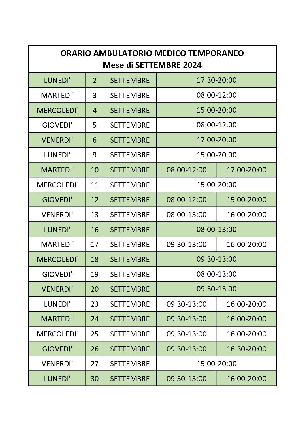 ORARI SETTEMBRE AMBULATORIO MEDICO TEMPORANEO PASSIRANA